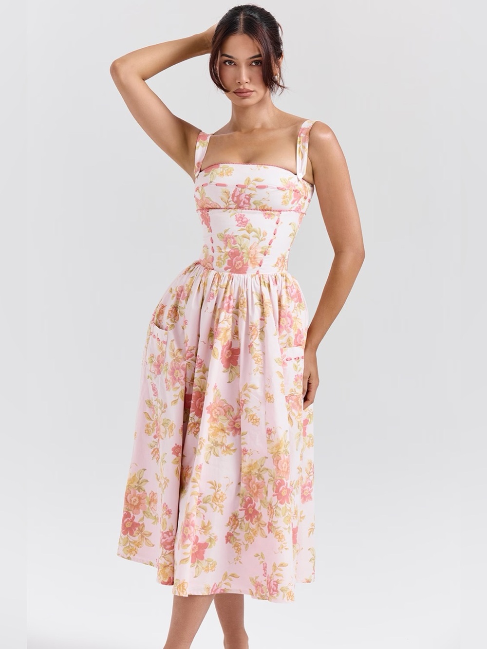 HOUSEOFCB 'Vivien' Peach
Poppy Print Cotton Midi
Sundress/Size S-US(F)4-6 - Picture 2 of 16